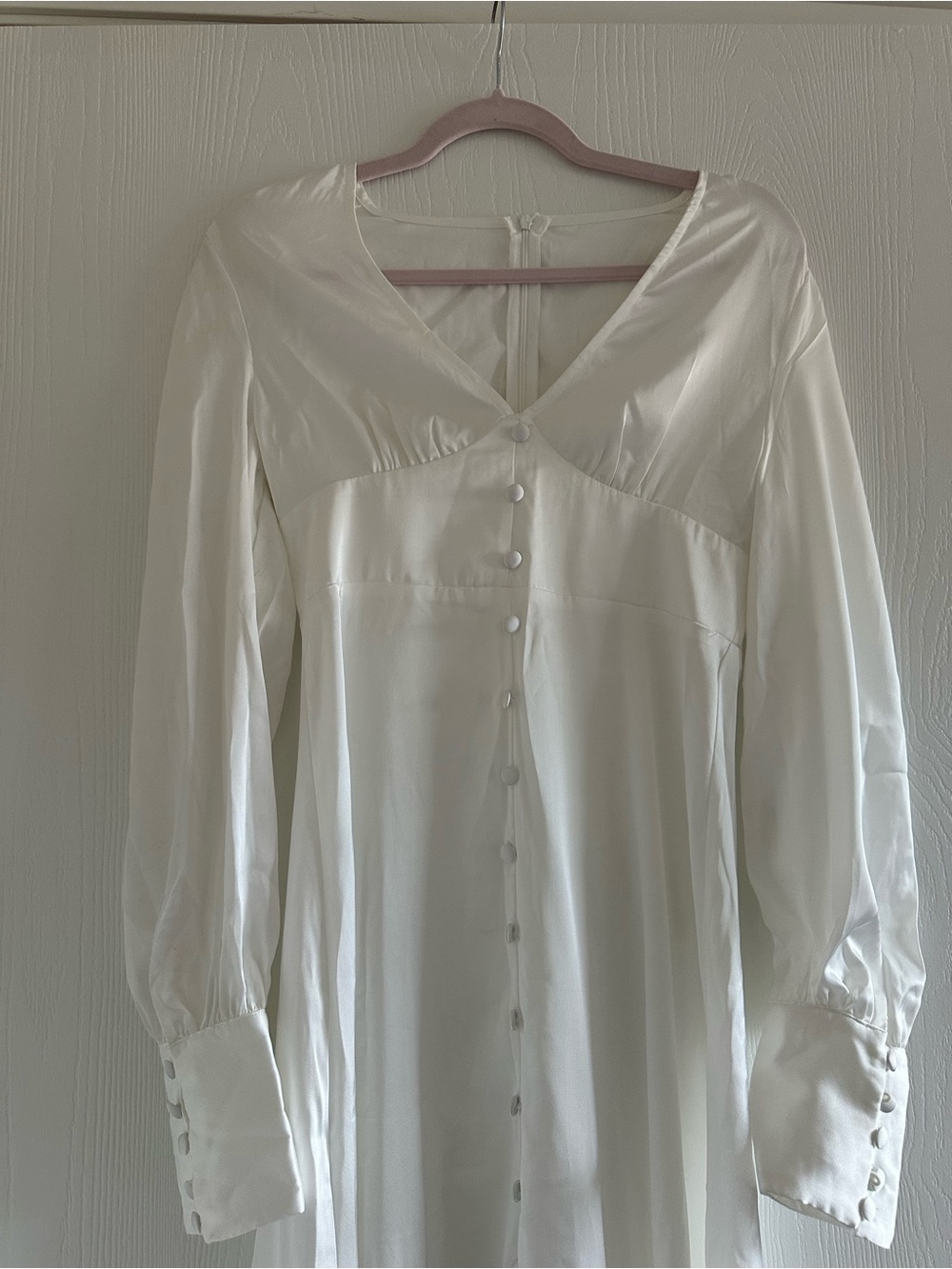 Cider White Satin V-Neck Long Sleeve Button-Front Dress - Picture 6 of 6